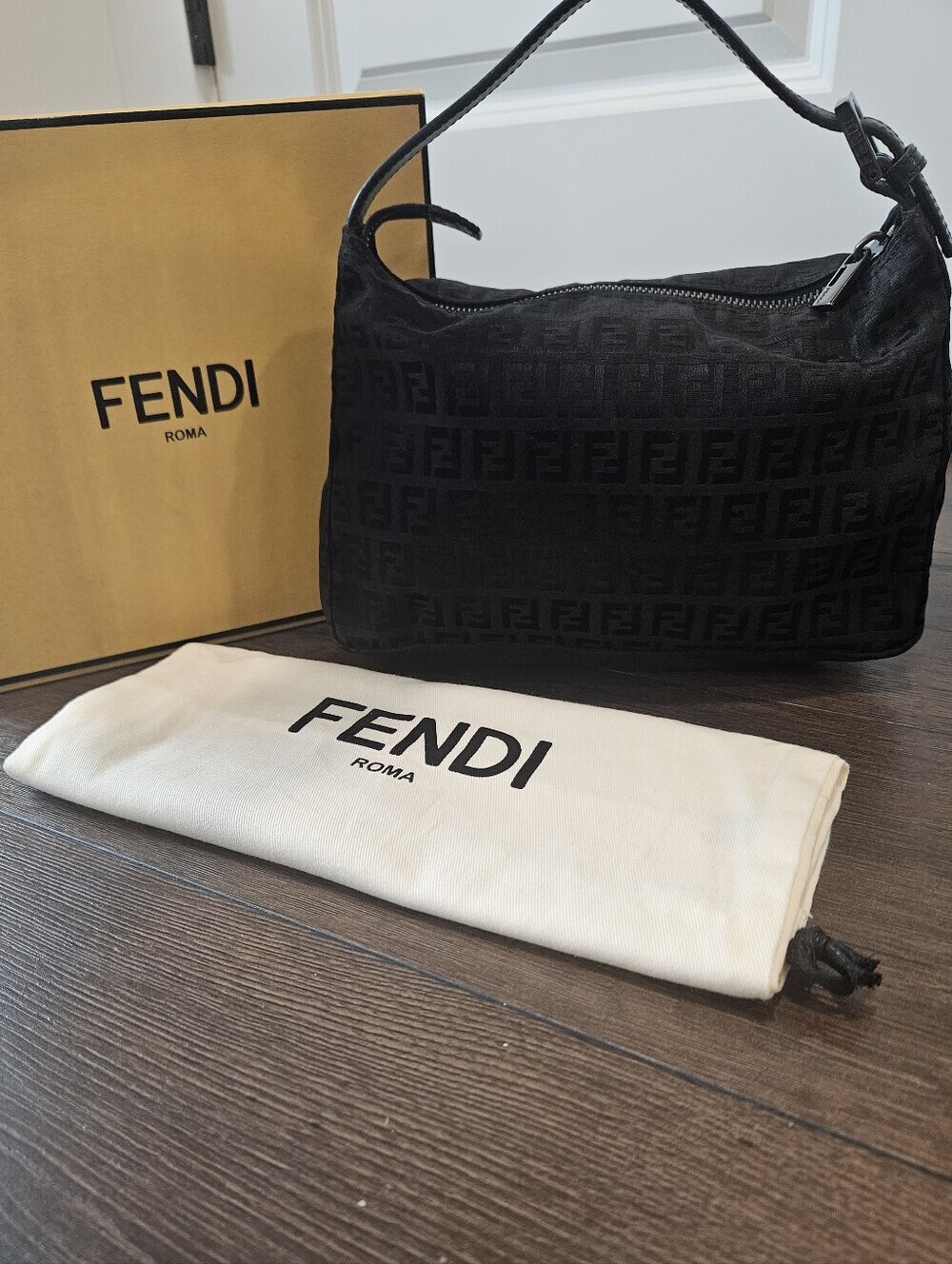 Authentic Fendi Black Zucchino FF Monogram Nylon Bag w/ Dust Bag & Box